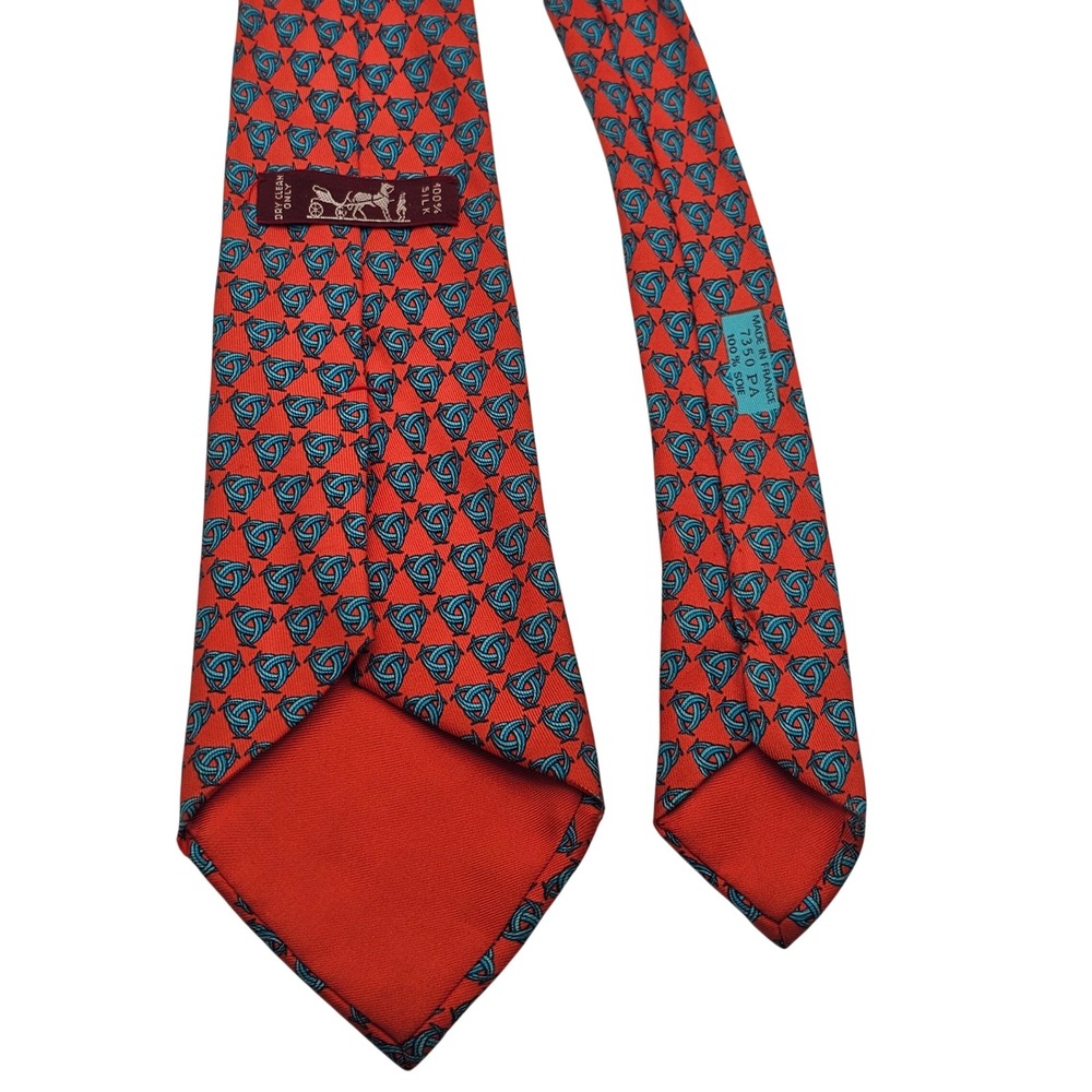 Hermes Silk Tie Red Blue Geometric Celtic Knot French Designer Luxury Old Money - Picture 3 of 8
